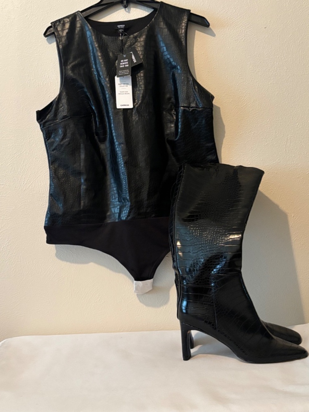 Express Ladies Body Contour Croc Faux Leather High Neck Thong Bodysuit - Size XL